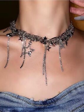 Silver star Charm Chain Choker Necklace/ Gothic Y2K Layered Statement Necklace